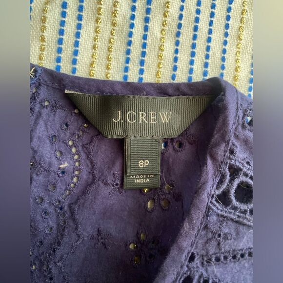J CREW Dress Navy Blue Eyelet Embroidered Flutter Hem 100% Cotton Long Sleeve 8P - Picture 4 of 15